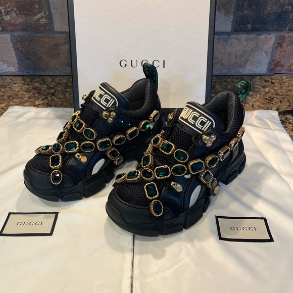 Gucci Shoes - GUCCI Women's Flashtrek Crystals Black Emerald Sneakers